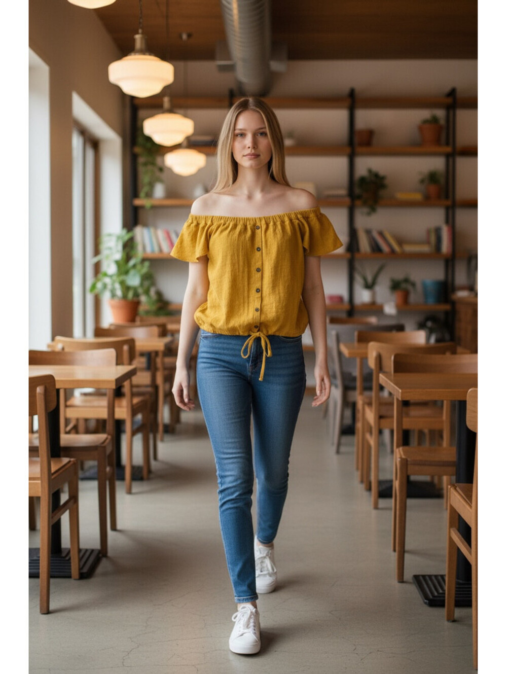 MADEWELL Yellow Off The Shoulder Flutter Sleeve Button Front Tie Waist Top M